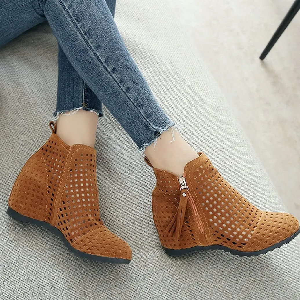 Meefit Women Perforated Boots High Heels Cutout Ankle Boots Summer Wedge Booties