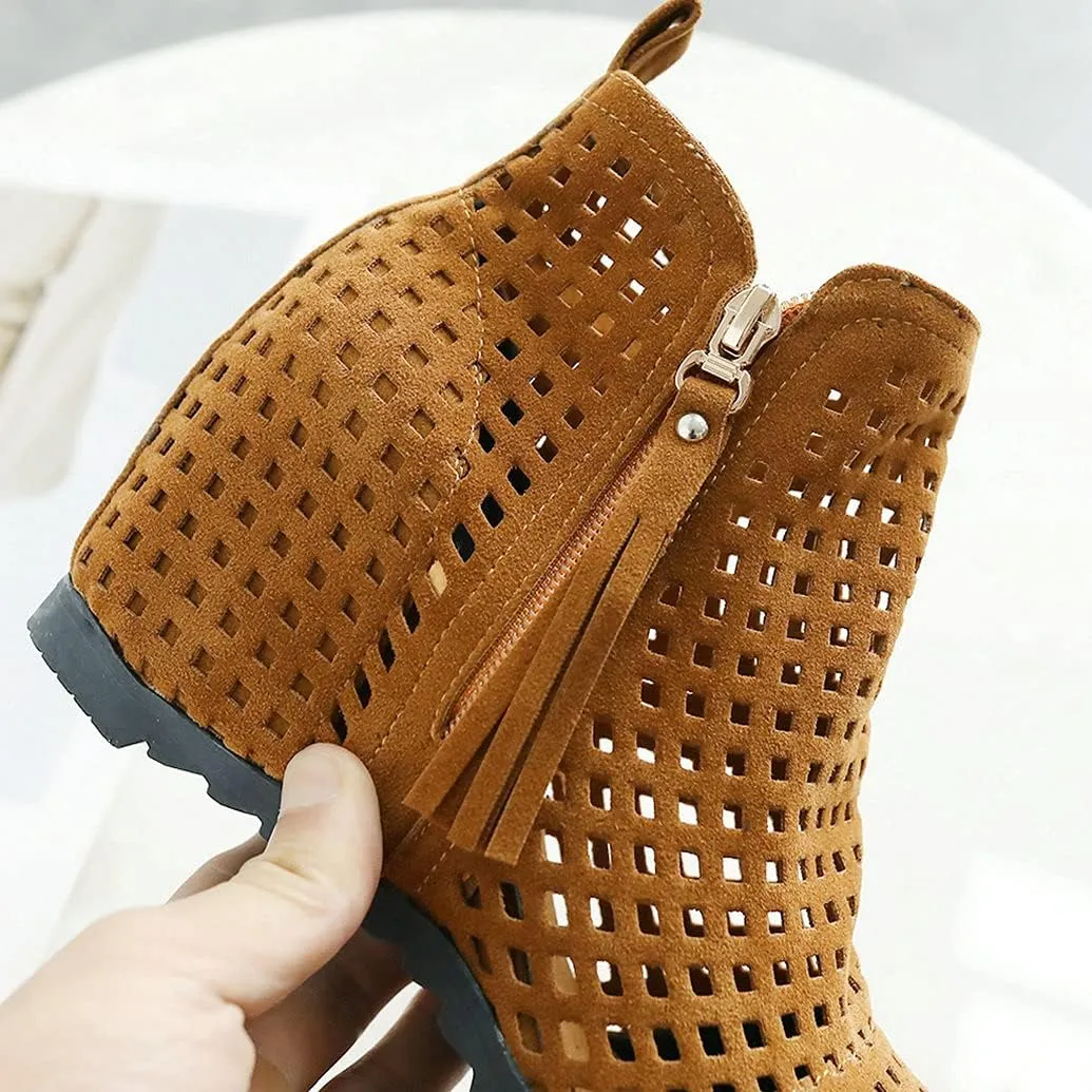 Meefit Women Perforated Boots High Heels Cutout Ankle Boots Summer Wedge Booties