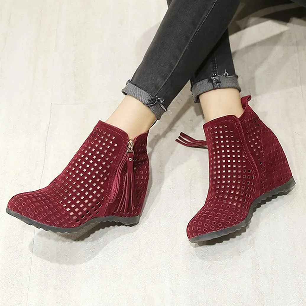 Meefit Women Perforated Boots High Heels Cutout Ankle Boots Summer Wedge Booties
