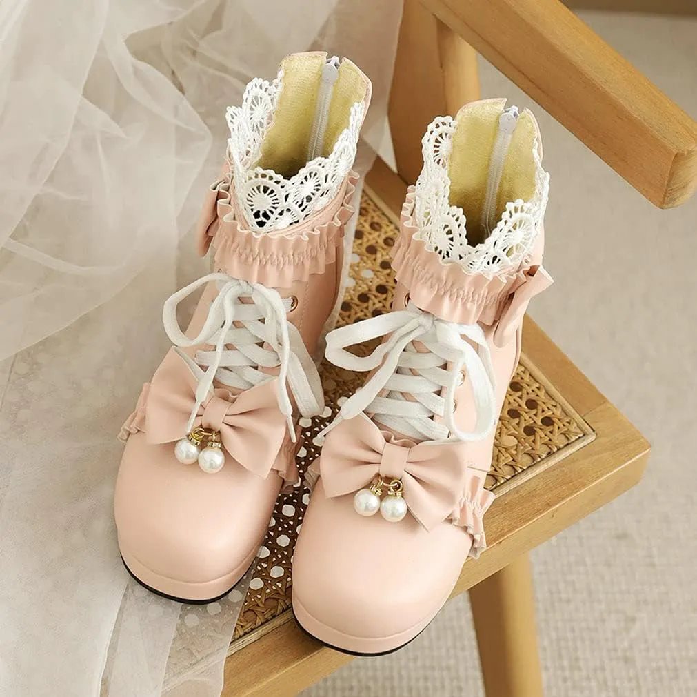 Meefit Women Platform Boots Lace Up Chunky Heel Ankle Boots with Bow Cosplay Winter Shoes