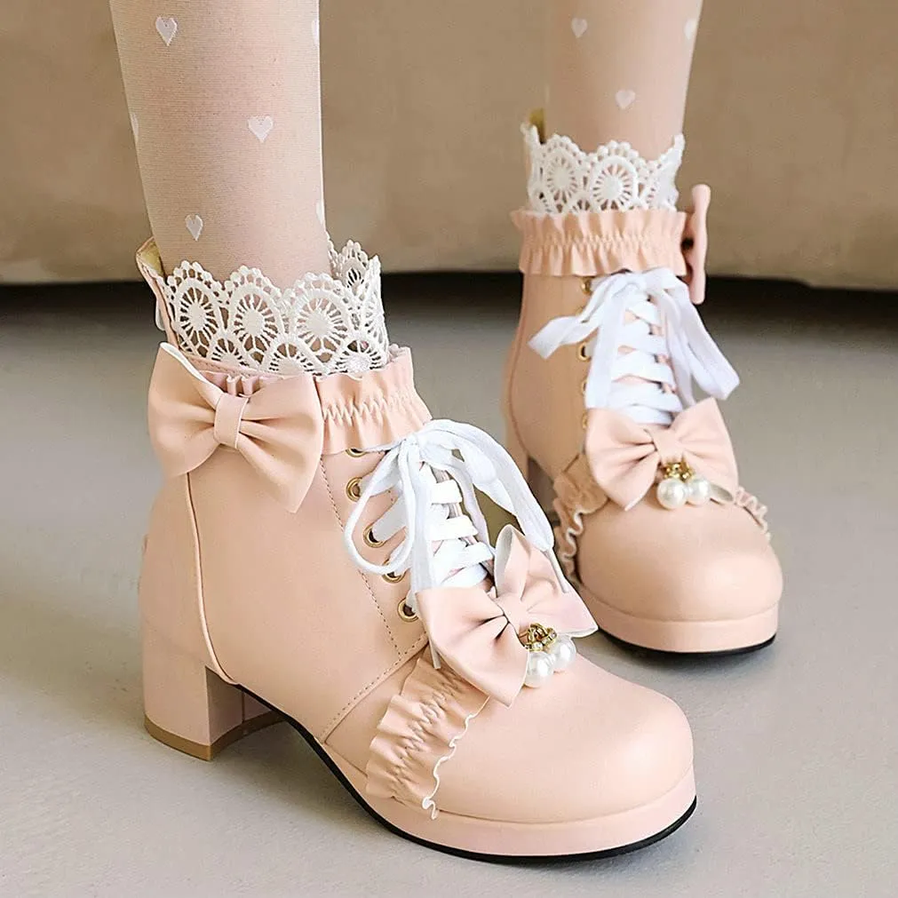 Meefit Women Platform Boots Lace Up Chunky Heel Ankle Boots with Bow Cosplay Winter Shoes