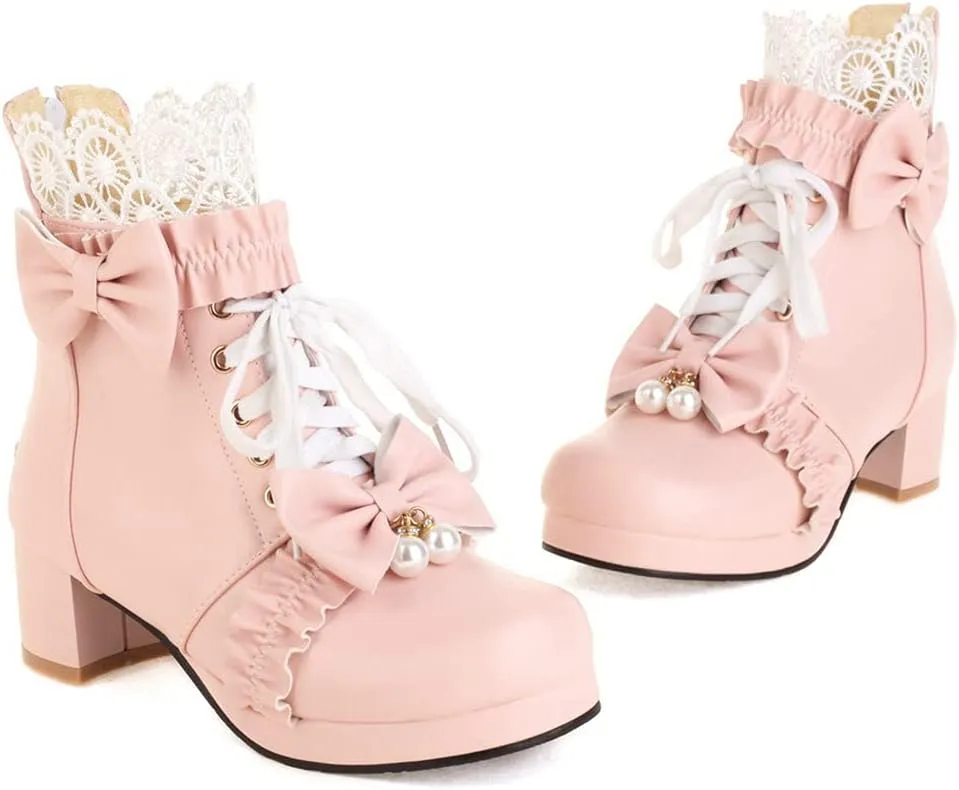 Meefit Women Platform Boots Lace Up Chunky Heel Ankle Boots with Bow Cosplay Winter Shoes