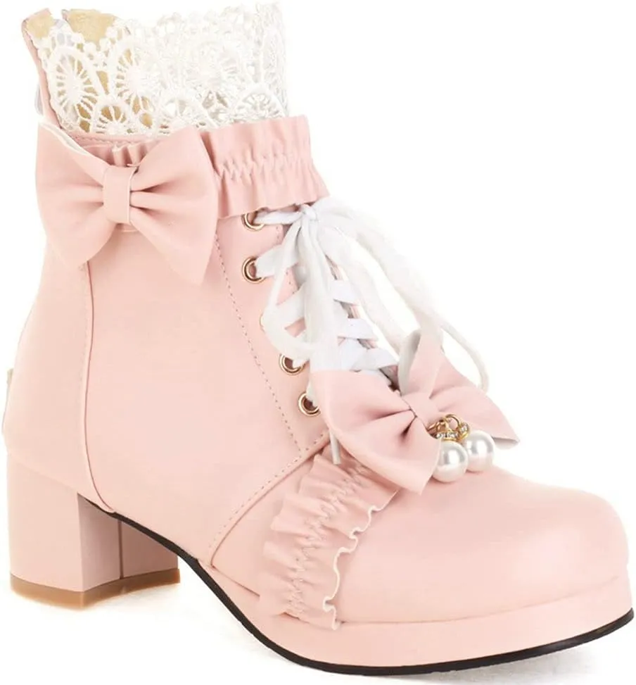 Meefit Women Platform Boots Lace Up Chunky Heel Ankle Boots with Bow Cosplay Winter Shoes