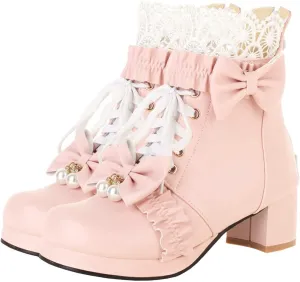 Meefit Women Platform Boots Lace Up Chunky Heel Ankle Boots with Bow Cosplay Winter Shoes