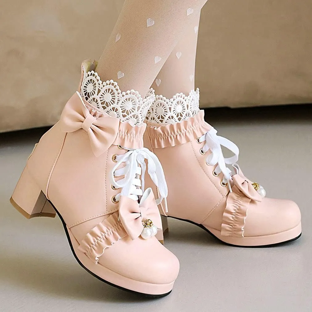 Meefit Women Platform Boots Lace Up Chunky Heel Ankle Boots with Bow Cosplay Winter Shoes