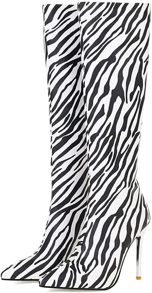 Meefit Women Zebra Print Knee High Boots Stiletto High Heel Pointed Toe Knee Length Boots