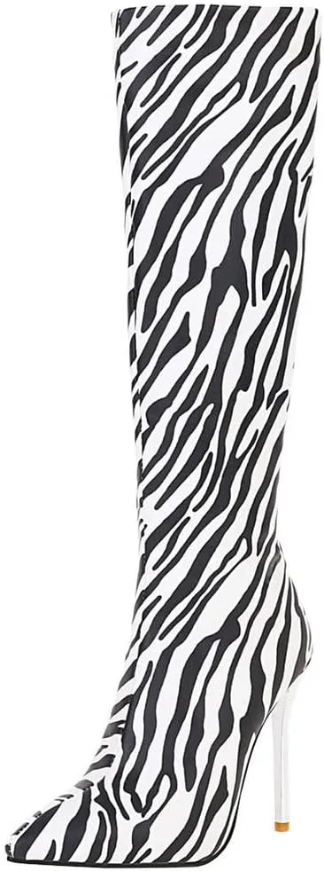 Meefit Women Zebra Print Knee High Boots Stiletto High Heel Pointed Toe Knee Length Boots