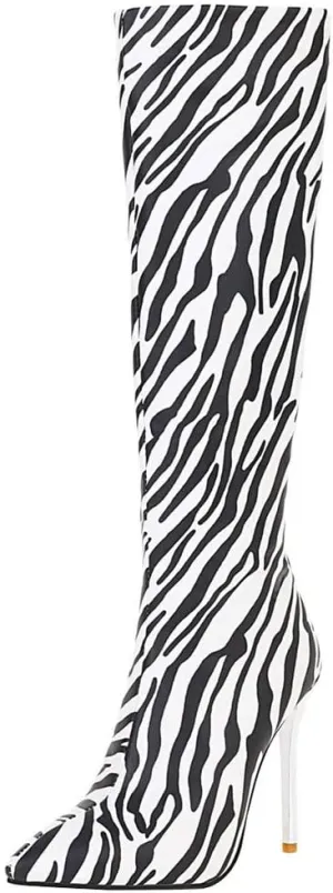Meefit Women Zebra Print Knee High Boots Stiletto High Heel Pointed Toe Knee Length Boots