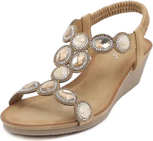 Meeshine Women's Wedge Sandals Summer Comfortable Casual Bohemian Beach Rhinestone Platform Shoes