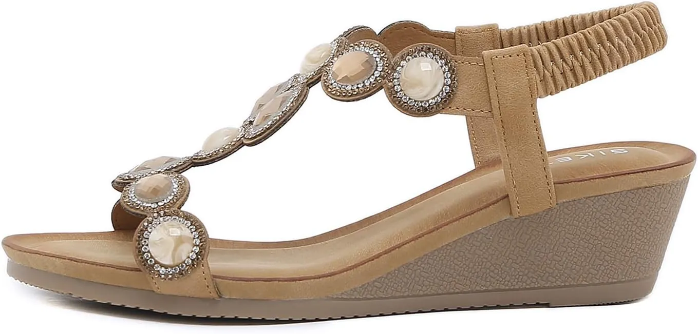 Meeshine Women's Wedge Sandals Summer Comfortable Casual Bohemian Beach Rhinestone Platform Shoes