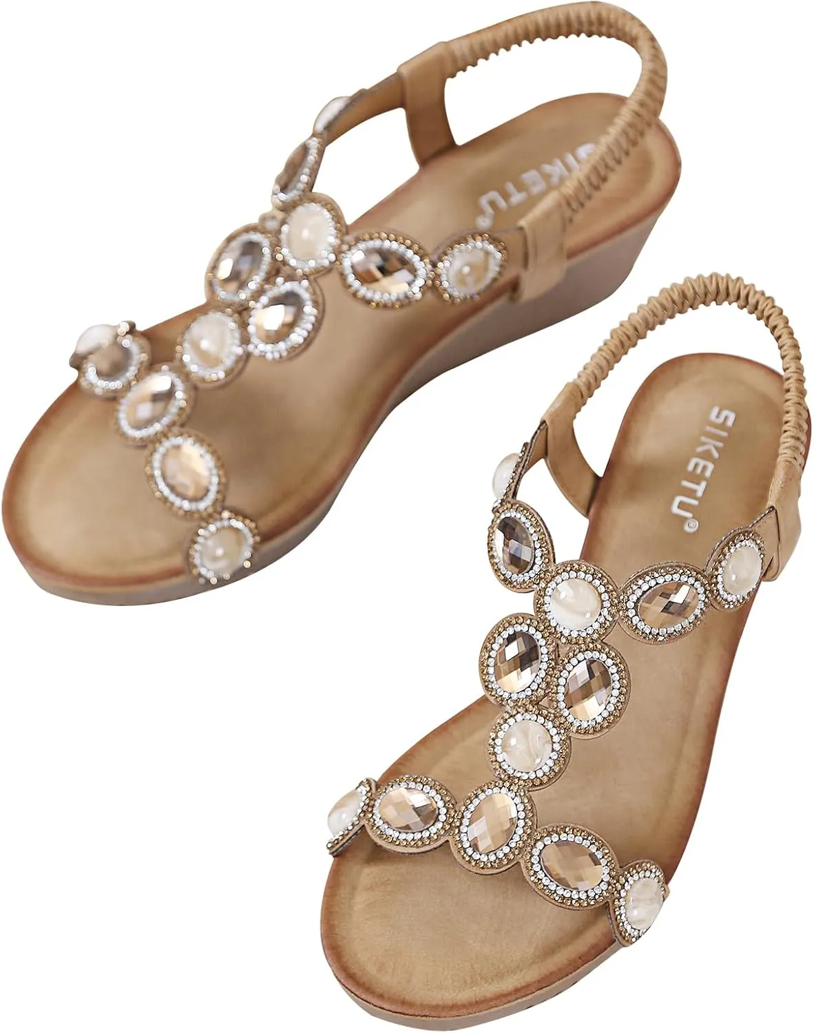 Meeshine Women's Wedge Sandals Summer Comfortable Casual Bohemian Beach Rhinestone Platform Shoes