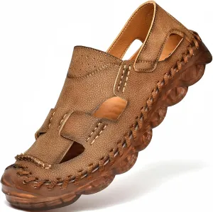 Mens Closed Toe Leather Sandals For Men Breathable Summer Shoes Fisherman Men's Slippers Flip Flops Brown Black Big Size Outdoor Casual Shoe Man Beach Sport Hiking Work Male