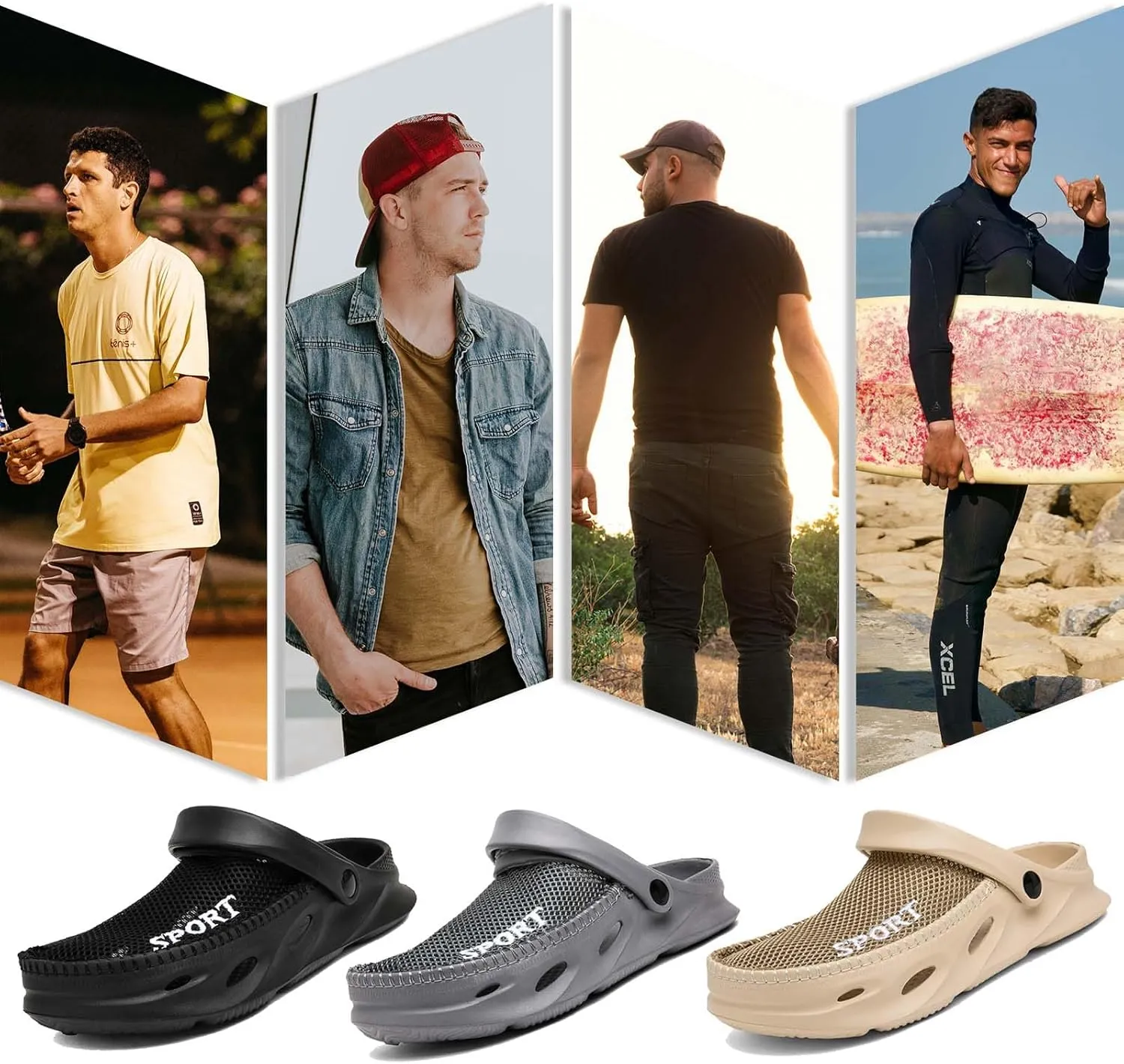Mens Garden Clogs Shoes Breathable Summer Beach Sandals Sports Sandals Adjustable Slide Slip-on Outdoor Beach Slippers