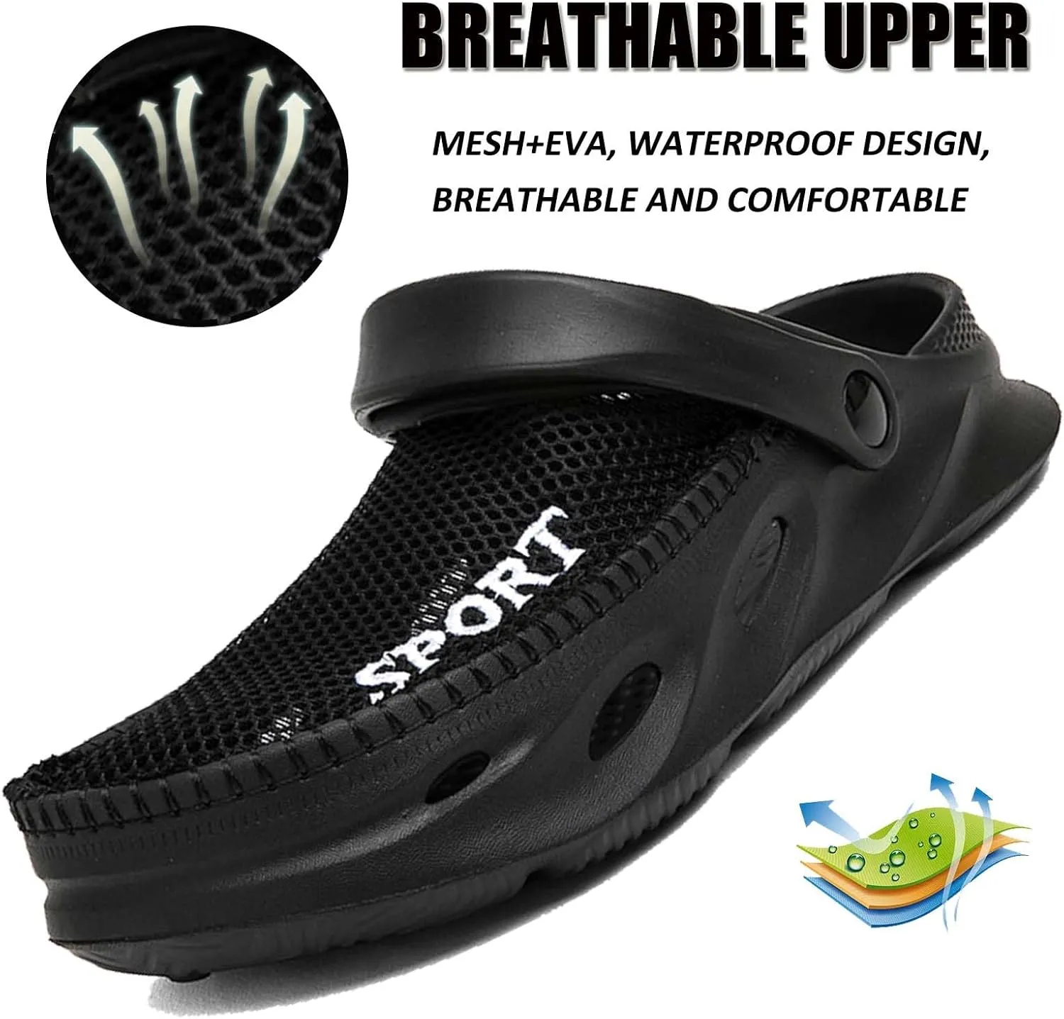 Mens Garden Clogs Shoes Breathable Summer Beach Sandals Sports Sandals Adjustable Slide Slip-on Outdoor Beach Slippers