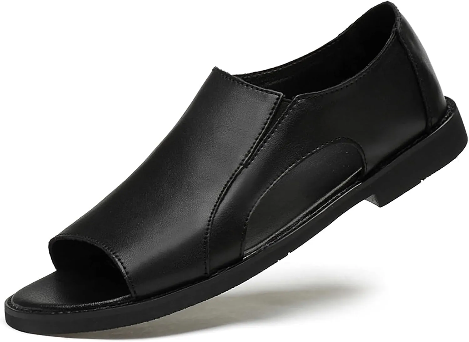 Men's Genuine Leather Cutout Water Shoes Slip On Flat Comfortable Open Toe Outdoor Casual Beach Light Weight Fisherman Sandals
