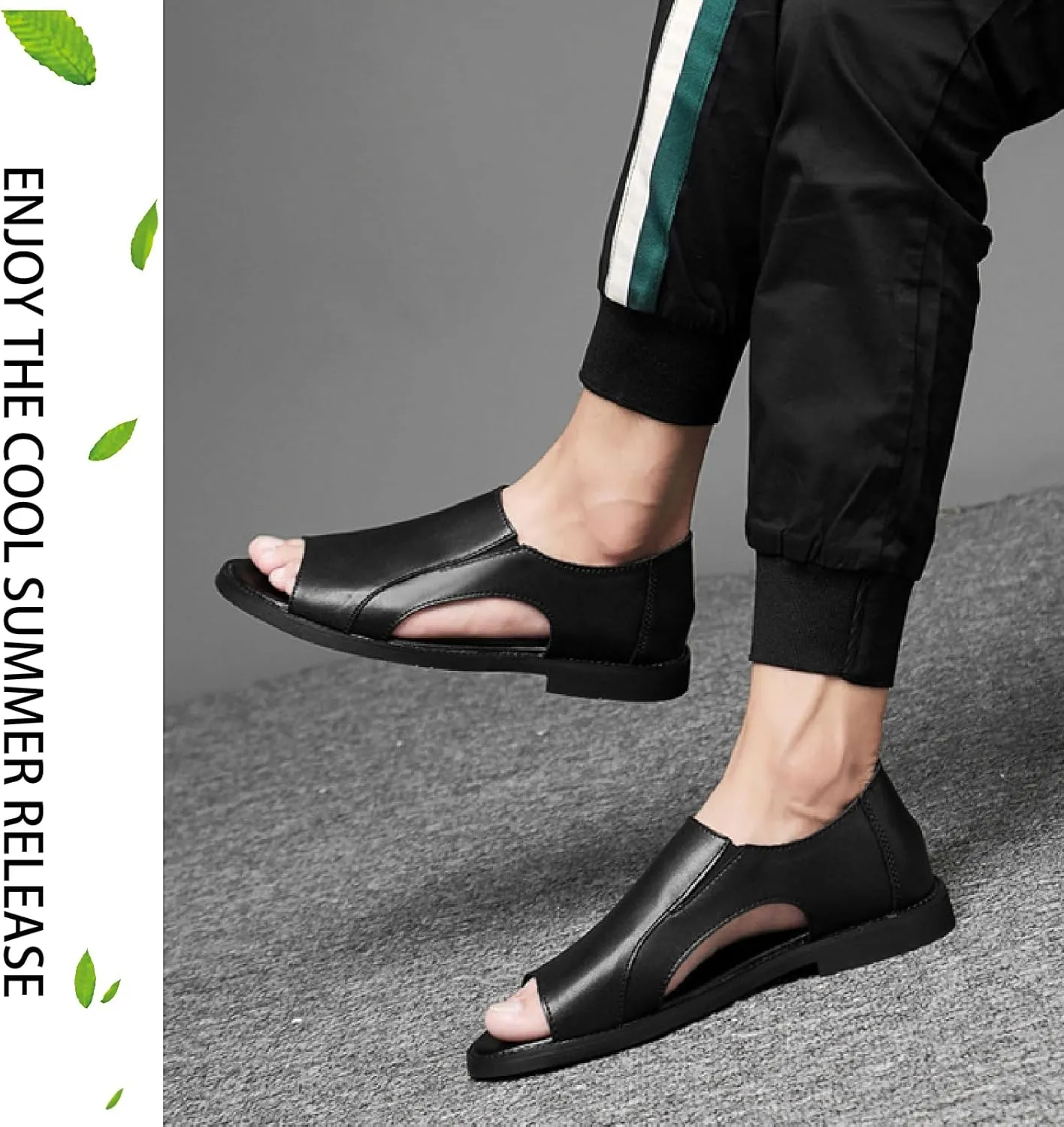 Men's Genuine Leather Cutout Water Shoes Slip On Flat Comfortable Open Toe Outdoor Casual Beach Light Weight Fisherman Sandals