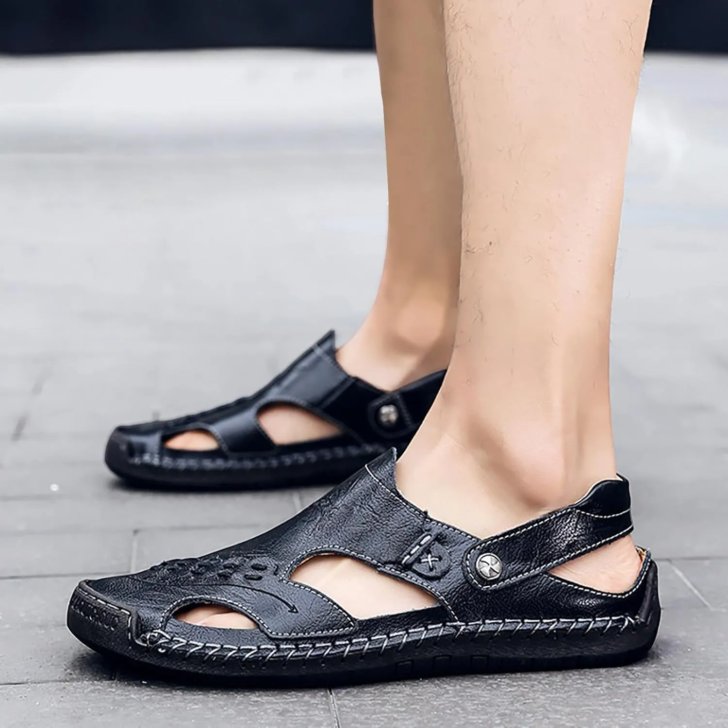 Men'S Water Sandals Men's Summer Breathable Hand Sewn Foot Covering Casual Beach Lazy PU Foreign Trade Sandals