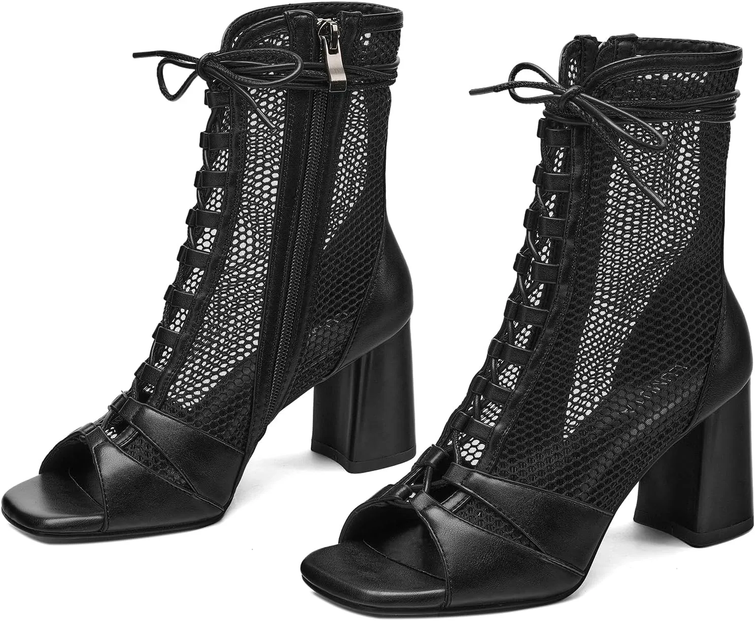 Mesh Chunky High Heel Sandals Booties for Women, Peep Toe Gladiator Sandals with Lace Up Straps, Side Zipper, Sexy Breathable Fishnet Combat Short Boots Shoes