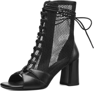 Mesh Chunky High Heel Sandals Booties for Women, Peep Toe Gladiator Sandals with Lace Up Straps, Side Zipper, Sexy Breathable Fishnet Combat Short Boots Shoes