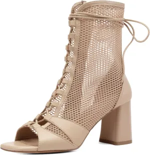 Mesh Chunky High Heel Sandals Booties for Women, Peep Toe Gladiator Sandals with Lace Up Straps, Side Zipper, Sexy Breathable Fishnet Combat Short Boots Shoes