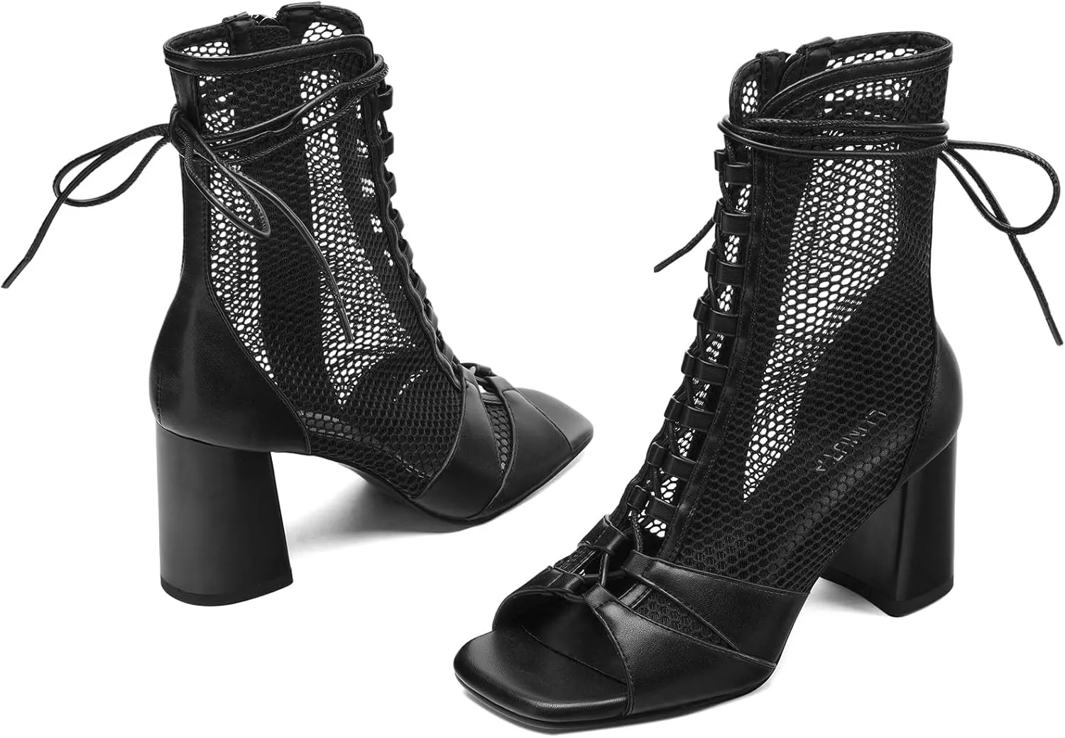 Mesh Chunky High Heel Sandals Booties for Women, Peep Toe Gladiator Sandals with Lace Up Straps, Side Zipper, Sexy Breathable Fishnet Combat Short Boots Shoes
