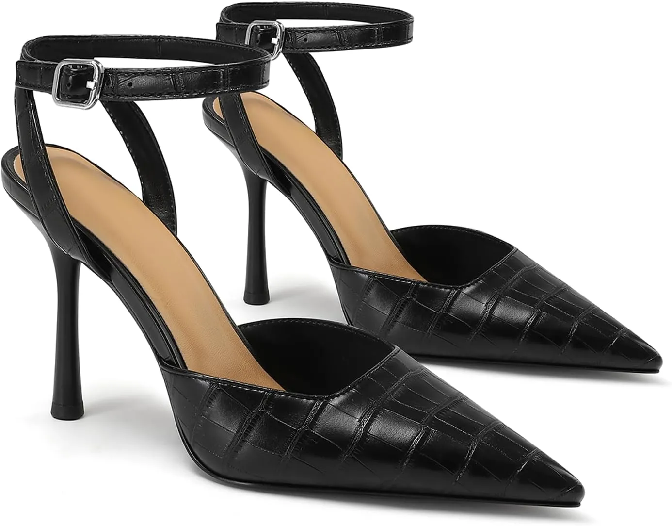 Mesh Closed Toe Ankle Strap Heels Pointed Toe High Heels for Women Stiletto Wedding Dress Shoes
