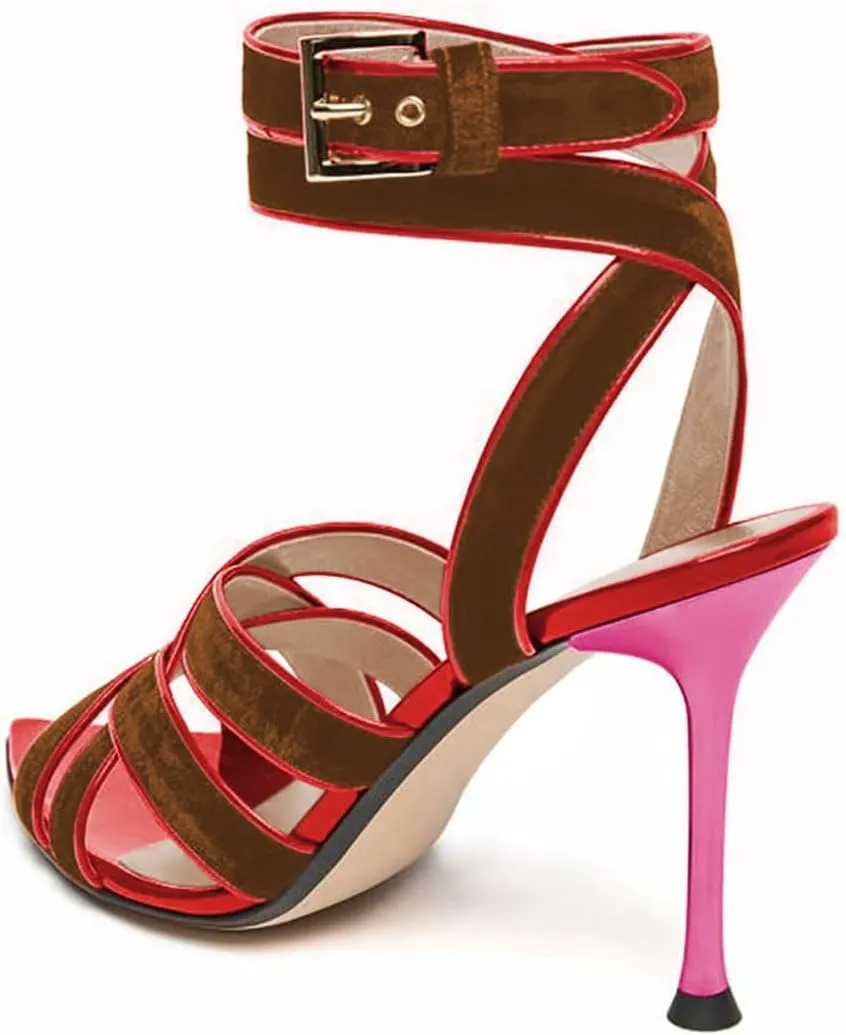 miss left Women Sexy Strappy Stiletto High Heel Sandals Open Pointy Toe Cross Straps Buckle Pumps Soft Velvet Weekend Party Shoes Size 4-16 US