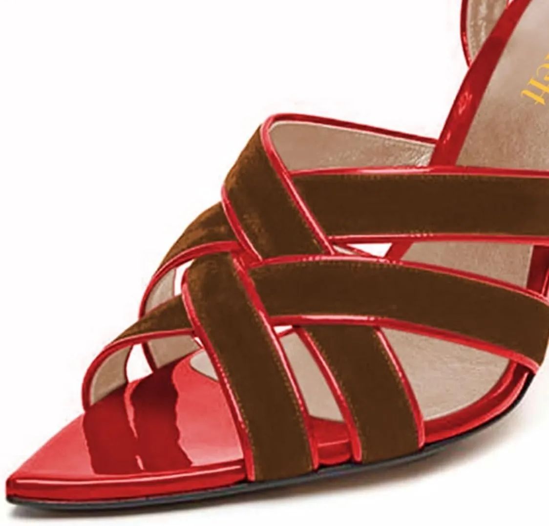 miss left Women Sexy Strappy Stiletto High Heel Sandals Open Pointy Toe Cross Straps Buckle Pumps Soft Velvet Weekend Party Shoes Size 4-16 US