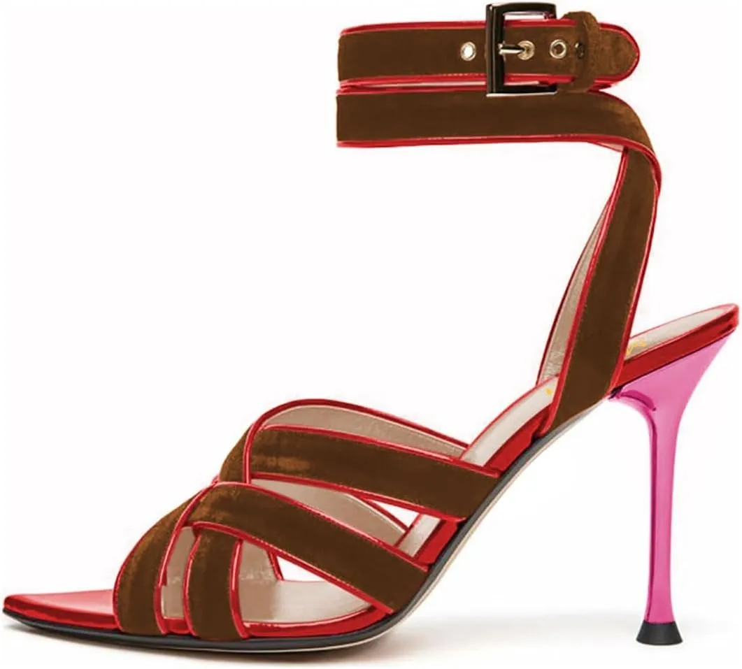 miss left Women Sexy Strappy Stiletto High Heel Sandals Open Pointy Toe Cross Straps Buckle Pumps Soft Velvet Weekend Party Shoes Size 4-16 US