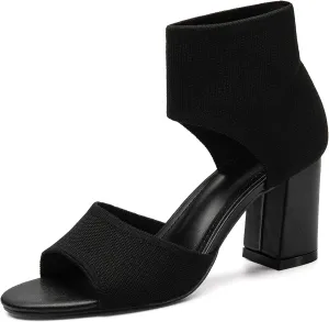 MOUSSE FIT Women's Knit Block Heel Sandals - 2.5 Inch Knit Chunky Block Heels, Non-Slip Rubber Sole Wedding & Party Shoes with Breathable Design