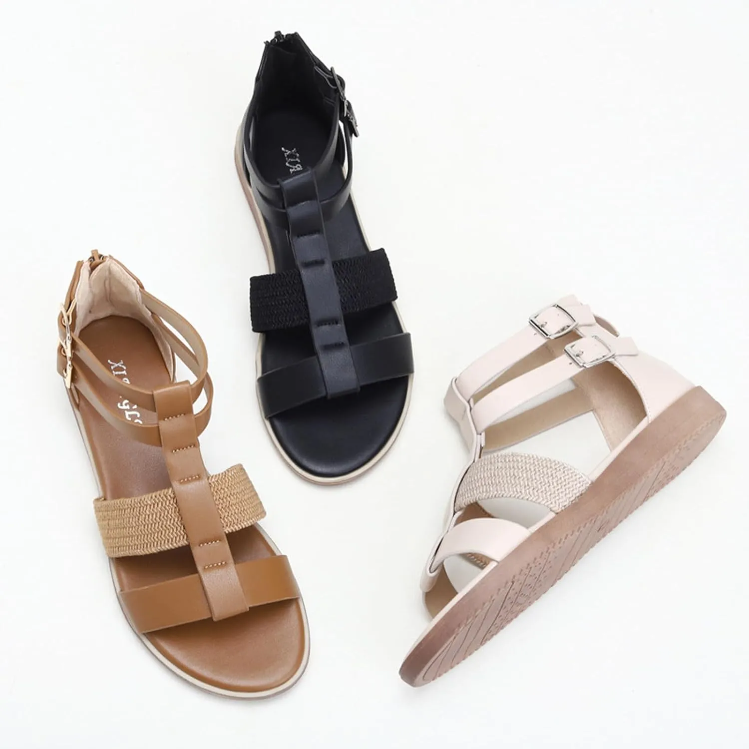 NEKGNL Women's Leather Dual Buckle Flat Gladiator Sandals Fashion Bohemian Round Open Toe Back Zipper Roman Sandals Summer Breathable Beach Walking Sandals