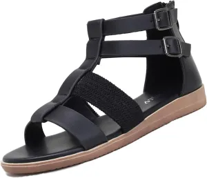 NEKGNL Women's Leather Dual Buckle Flat Gladiator Sandals Fashion Bohemian Round Open Toe Back Zipper Roman Sandals Summer Breathable Beach Walking Sandals
