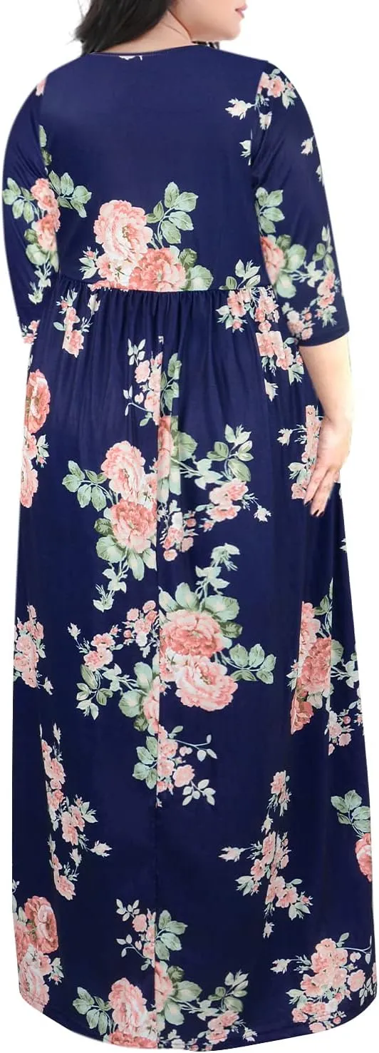 Nemidor Womens Casual V-Neck 3/4 Sleeve Plus Size Long Maxi Dress with Pockets NEM170