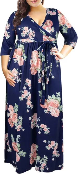 Nemidor Womens Casual V-Neck 3/4 Sleeve Plus Size Long Maxi Dress with Pockets NEM170