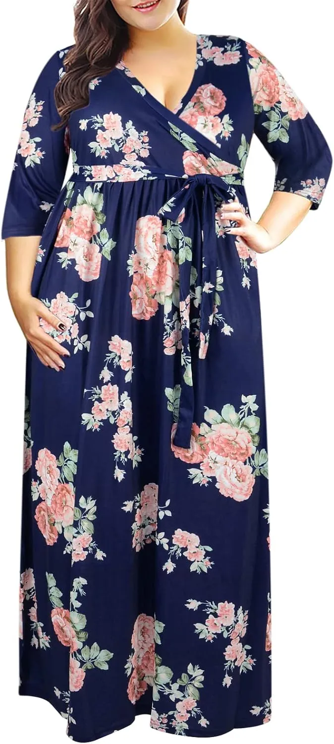 Nemidor Womens Casual V-Neck 3/4 Sleeve Plus Size Long Maxi Dress with Pockets NEM170