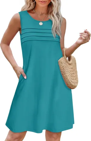 OFEEFAN Womens Pleated Front Tank Dresses Fashion Spring Sleeveless Pockets Sundress Casual Summer