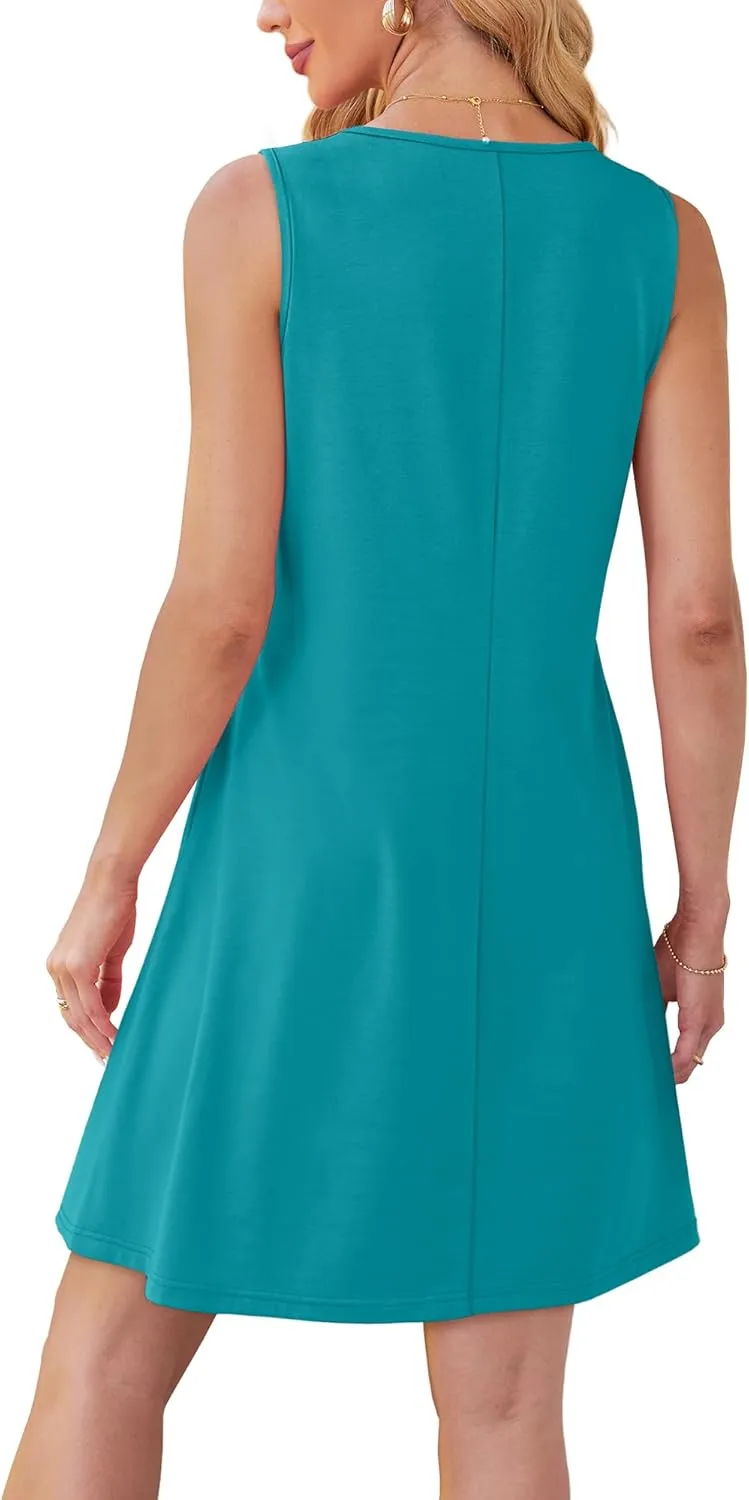 OFEEFAN Womens Pleated Front Tank Dresses Fashion Spring Sleeveless Pockets Sundress Casual Summer