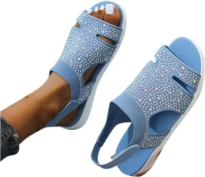 oiangi Rhinestone Sandals for Women Dressy Wedge Heel Stretch Knitted Hook and Loop Hook and Loop Hollow Breathable Slingback Sandals Summer Casual Open Toe Shoes