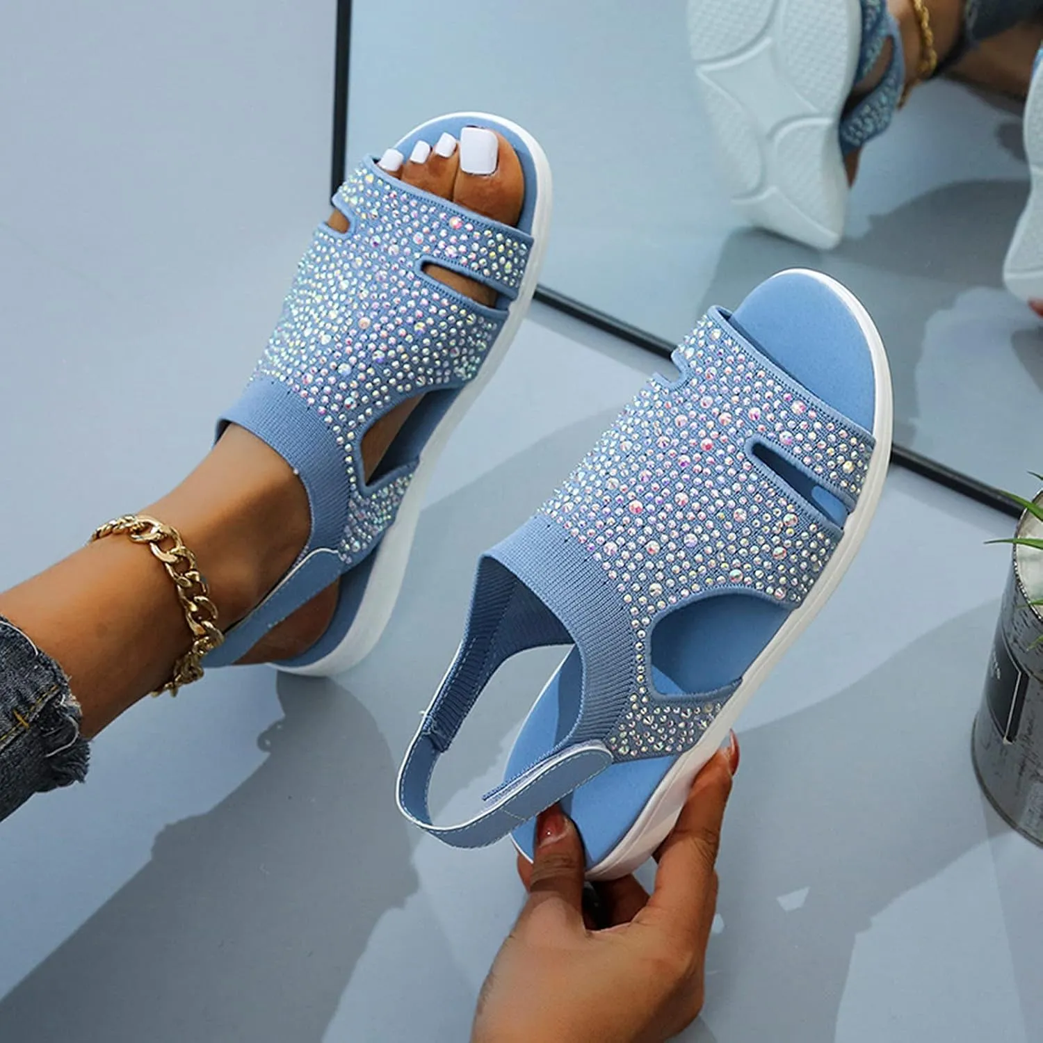 oiangi Rhinestone Sandals for Women Dressy Wedge Heel Stretch Knitted Hook and Loop Hook and Loop Hollow Breathable Slingback Sandals Summer Casual Open Toe Shoes