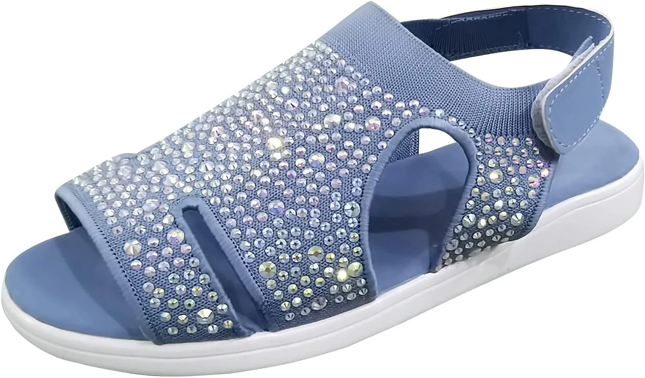oiangi Rhinestone Sandals for Women Dressy Wedge Heel Stretch Knitted Hook and Loop Hook and Loop Hollow Breathable Slingback Sandals Summer Casual Open Toe Shoes