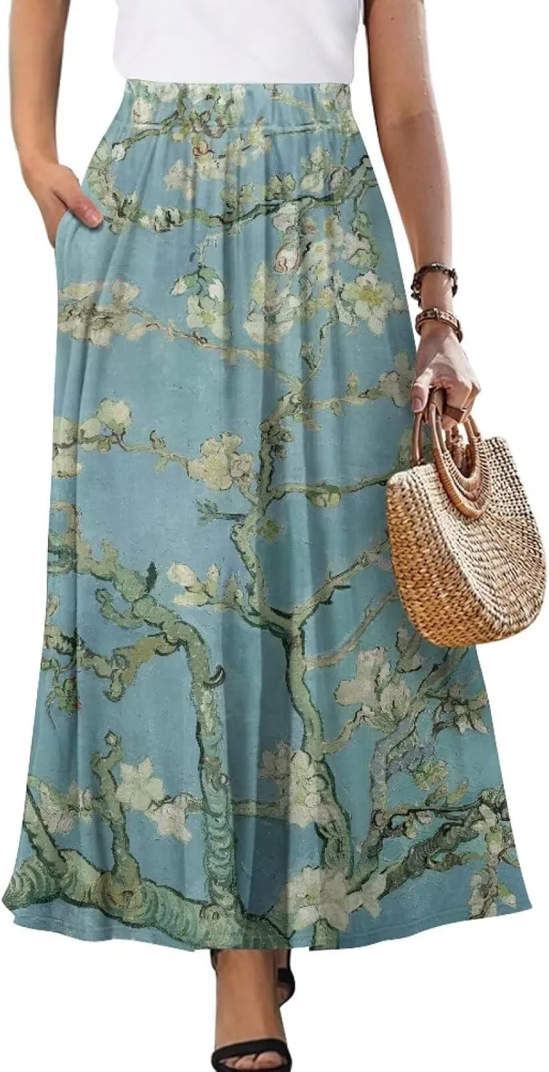 Oil Painting Printed Women's Long Maxi Skirt Elegant Pleated High Waisted A-Link Long Maxi Skirt for Party, Work