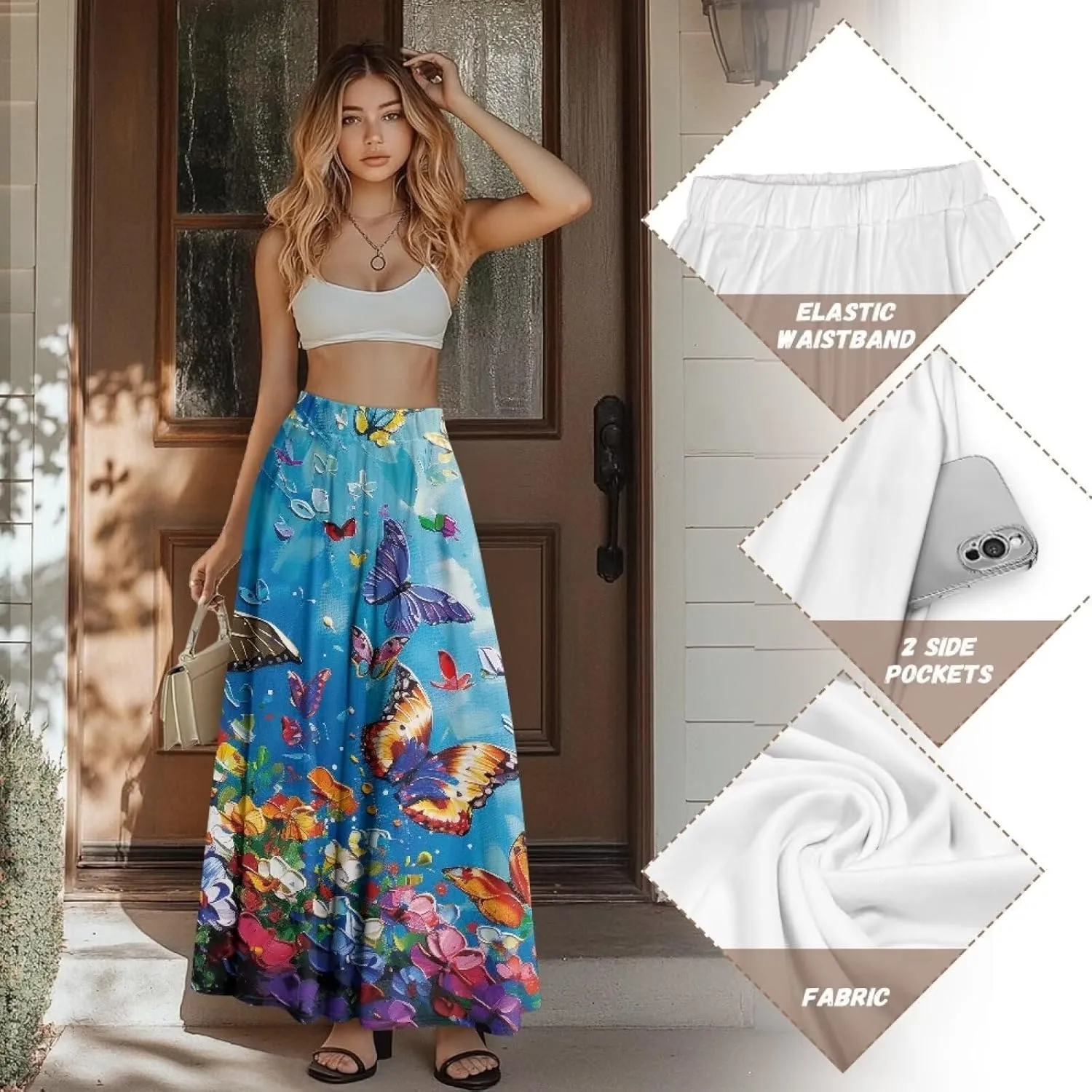Oil Painting Printed Women's Long Maxi Skirt Elegant Pleated High Waisted A-Link Long Maxi Skirt for Party, Work