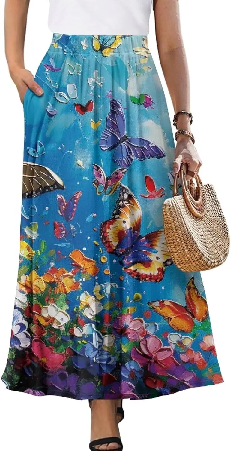 Oil Painting Printed Women's Long Maxi Skirt Elegant Pleated High Waisted A-Link Long Maxi Skirt for Party, Work