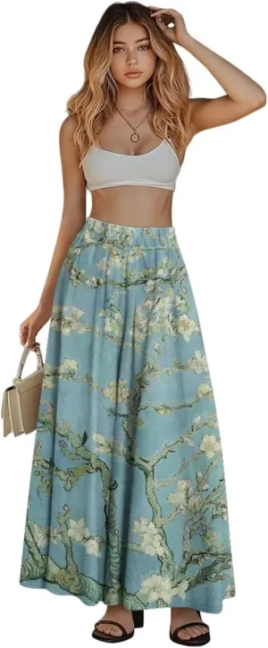 Oil Painting Printed Women's Long Maxi Skirt Elegant Pleated High Waisted A-Link Long Maxi Skirt for Party, Work