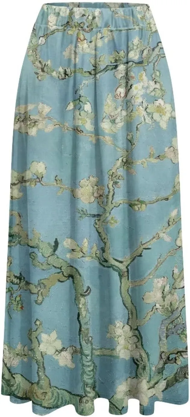 Oil Painting Printed Women's Long Maxi Skirt Elegant Pleated High Waisted A-Link Long Maxi Skirt for Party, Work