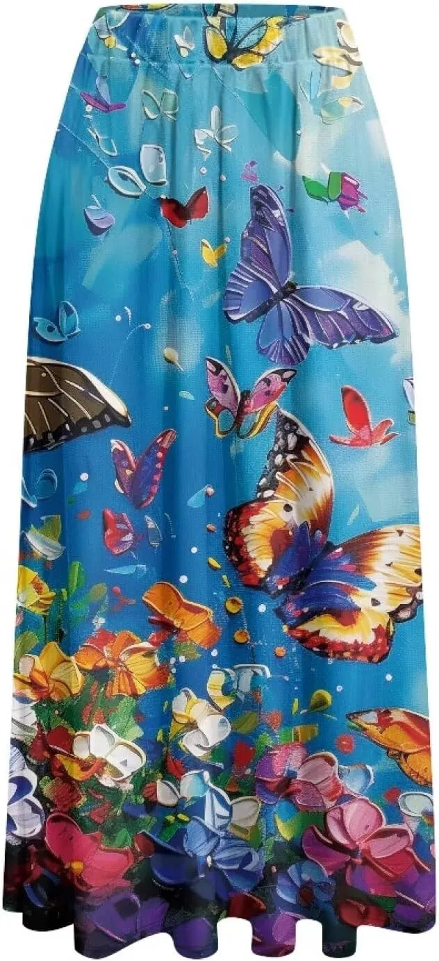 Oil Painting Printed Women's Long Maxi Skirt Elegant Pleated High Waisted A-Link Long Maxi Skirt for Party, Work
