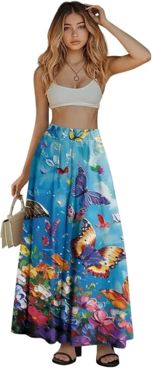 Oil Painting Printed Women's Long Maxi Skirt Elegant Pleated High Waisted A-Link Long Maxi Skirt for Party, Work