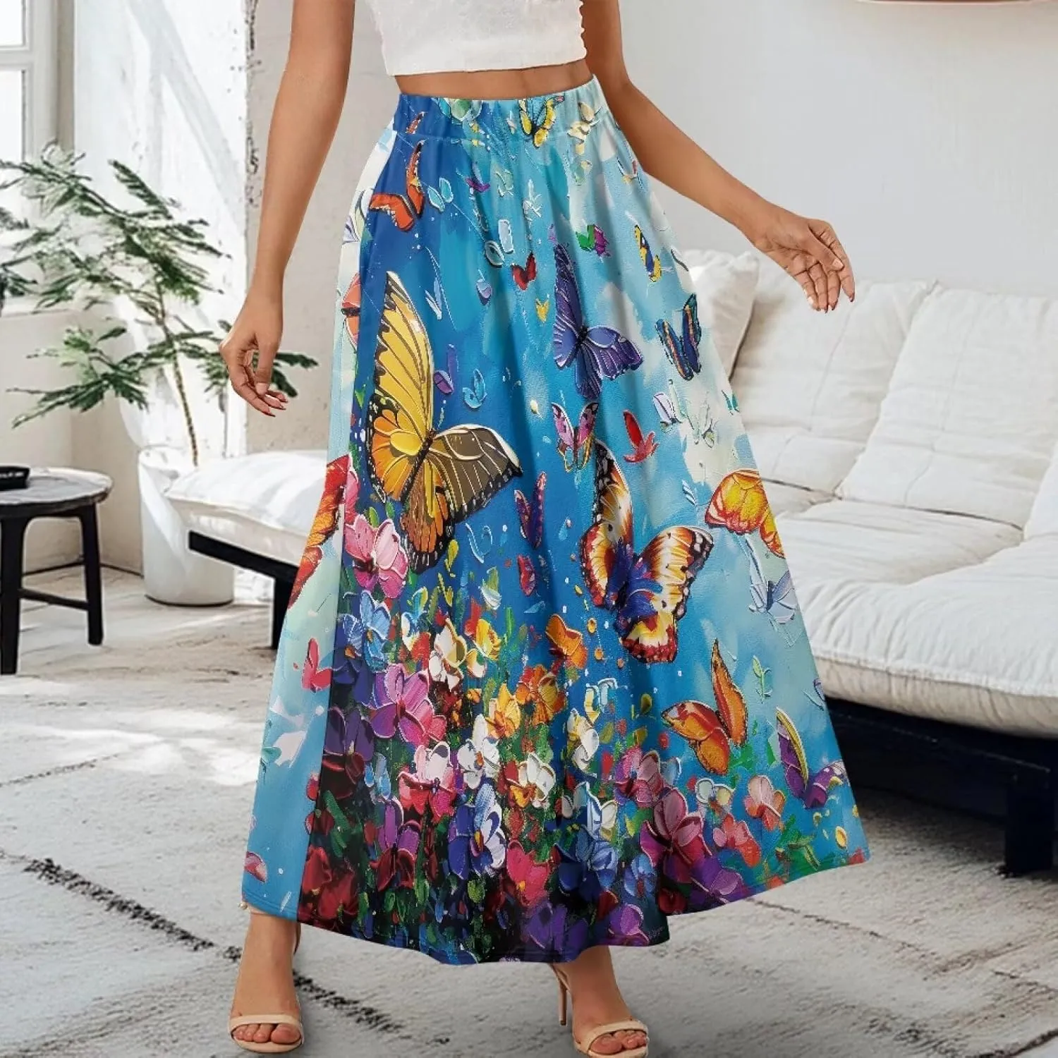 Oil Painting Printed Women's Long Maxi Skirt Elegant Pleated High Waisted A-Link Long Maxi Skirt for Party, Work