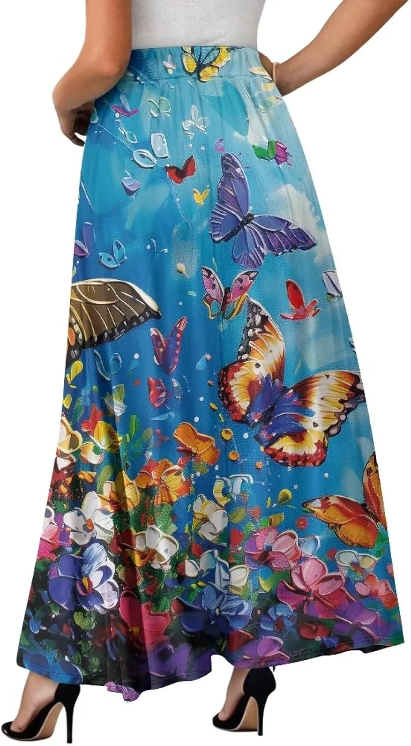 Oil Painting Printed Women's Long Maxi Skirt Elegant Pleated High Waisted A-Link Long Maxi Skirt for Party, Work