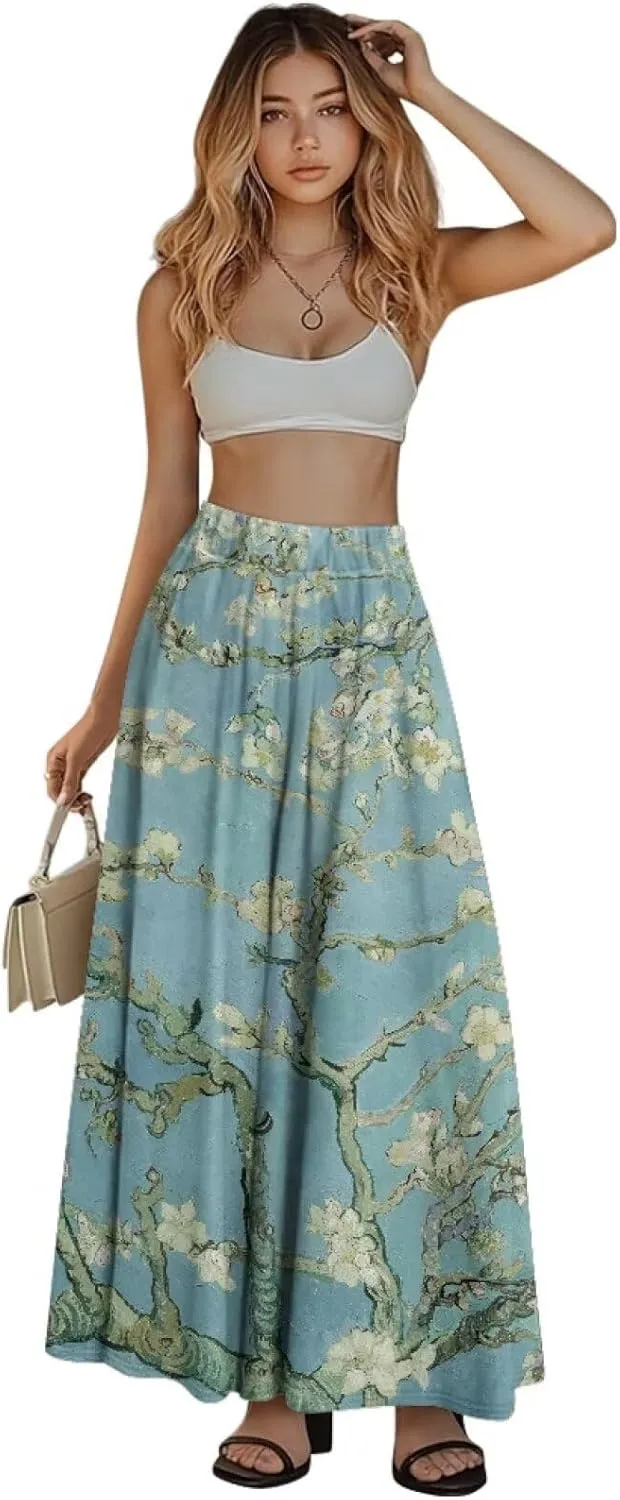 Oil Painting Printed Women's Long Maxi Skirt Elegant Pleated High Waisted A-Link Long Maxi Skirt for Party, Work